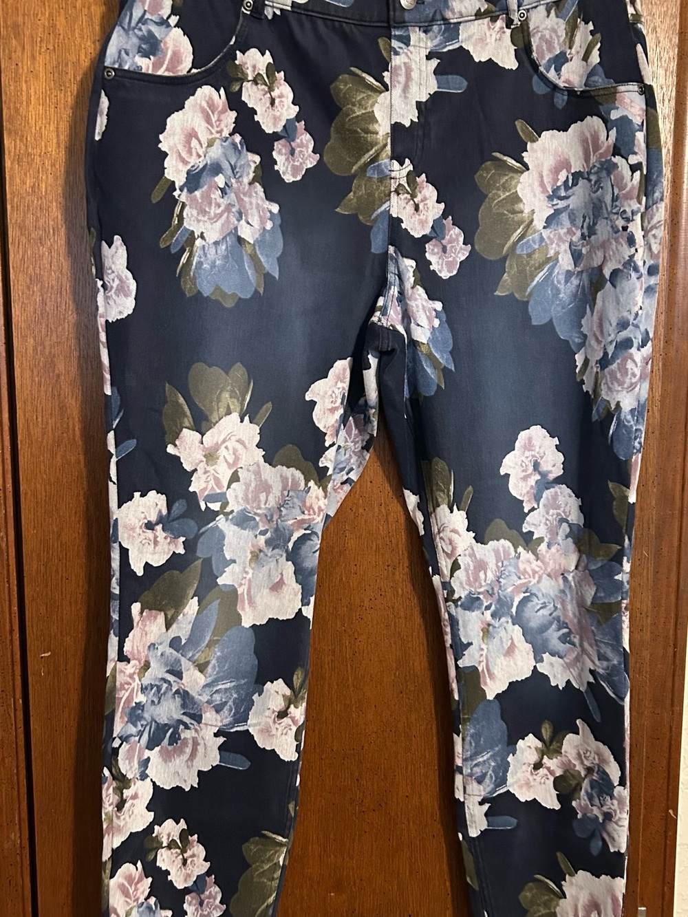 HUE Navy Denim Leggings with Pink & Blue Floral